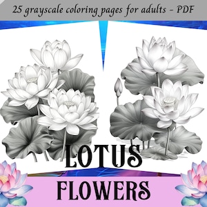 Lotus Flowers, Grayscale Coloring Pages for Adults / 25 Printable Pages / Instant Download / Personal Use