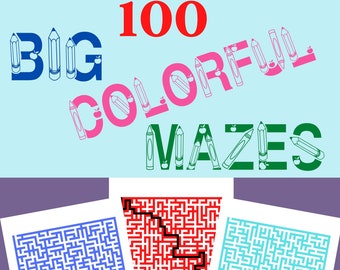 100 BIG COLORFUL MAZES with solutions - medium level | Printable Pages | Instant Download | Personal Use