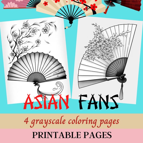 Éventails asiatiques et petites fleurs, pages à colorier en niveaux de gris pour adultes / 4 pages imprimables / Téléchargement immédiat / Usage personnel