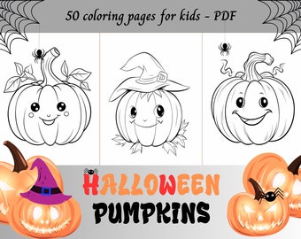 Halloween Pumpkins, Cartoon Pumpkins, Easy Coloring Pages for Kids / 50 Printable Pages / Instant Download / Personal Use