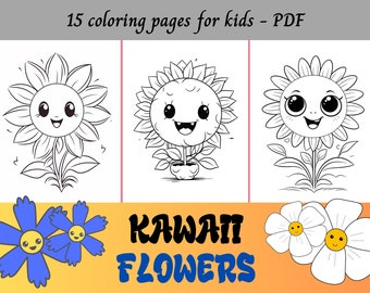 Kawaii Flowers, Coloring Pages for Kids / 15 Printable Pages / Instant Download / Personal Use