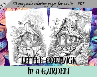 Little Cottage in a Garden with Waterfall Set 3, Grayscale Coloring Pages for Adults | 30 Printable Pages | Instant Download | Personal Use