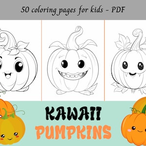 Kawaii Pumpkins, Cartoon Pumpkins, Easy Coloring Pages for Kids / 50 Printable Pages / Instant Download / Personal Use