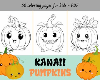 Kawaii Pumpkins, Cartoon Pumpkins, Easy Coloring Pages for Kids / 50 Printable Pages / Instant Download / Personal Use