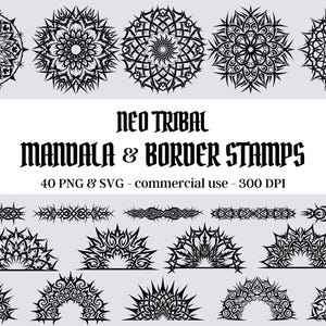 May include: Black and white neo-tribal mandala and border stamps. The image features various circular mandala designs and border patterns. Text reads "NEO TRIBAL MANDALA & BORDER STAMPS" with details about the file format and commercial use.