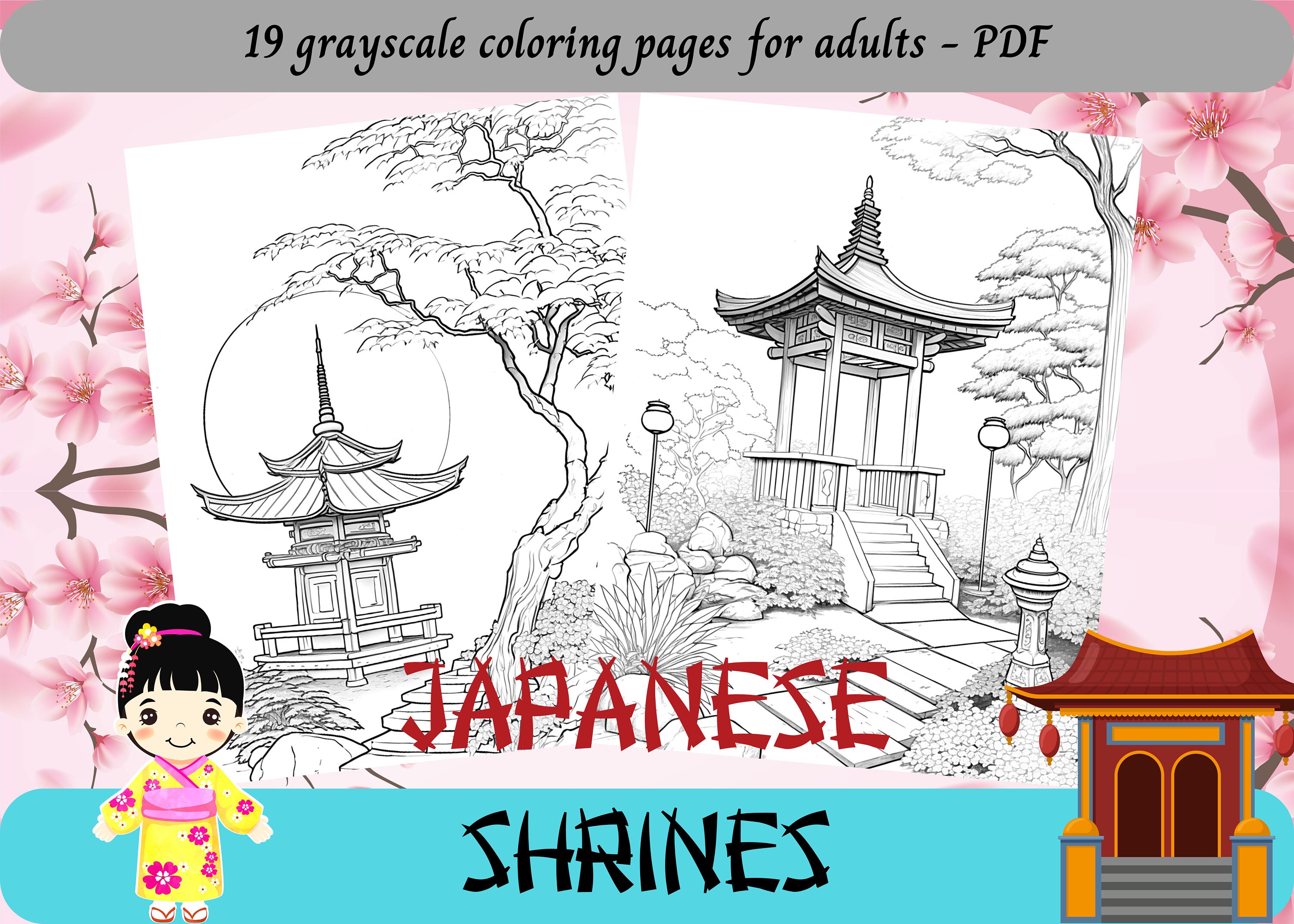 Japanese Shrines Grayscale Coloring Pages for Adults / 19 - Etsy