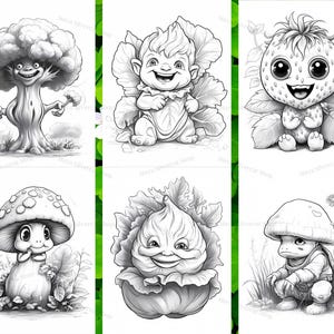 May include: Six black and white illustrations of whimsical characters. The characters are a tree, a mushroom, a strawberry, a cabbage, a mushroom, and a mushroom. Each character has a unique expression and is drawn in a cartoon style.