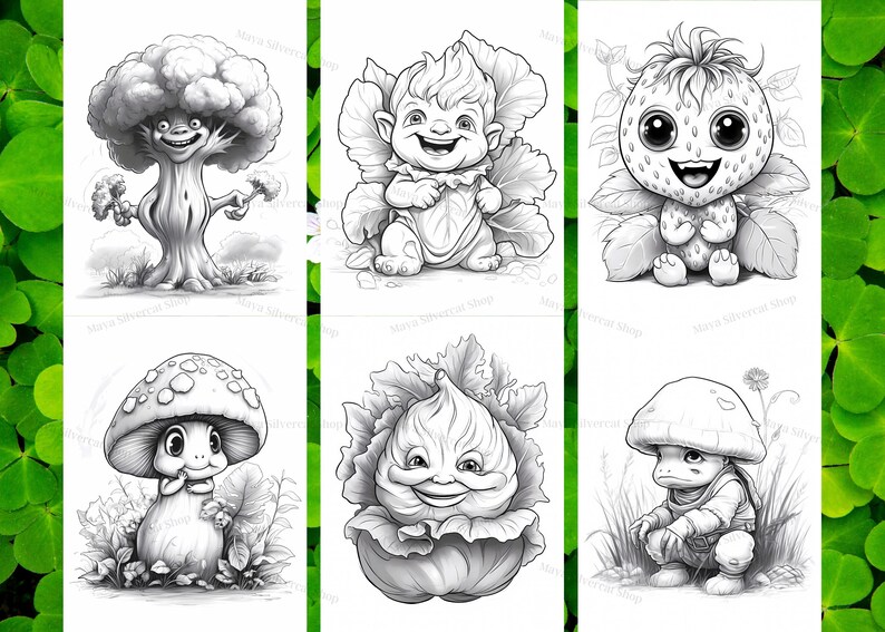 May include: Six black and white illustrations of whimsical characters. The characters are a tree, a mushroom, a strawberry, a cabbage, a mushroom, and a mushroom. Each character has a unique expression and is drawn in a cartoon style.