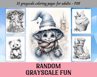 Random Grayscale Fun Set2, Coloring Pages for Adults | 35 Printable Pages | Instant Download | Personal Use