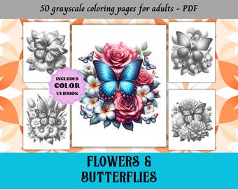 Fiori e farfalle Set 1, Pagine da colorare in scala di grigi per adulti / 50 pagine stampabili / Download immediato / Uso personale