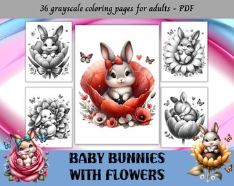 Baby Bunnies with Flowers, Grayscale Coloring Pages for Adults / 36 Printable Pages / Instant Download / Personal Use