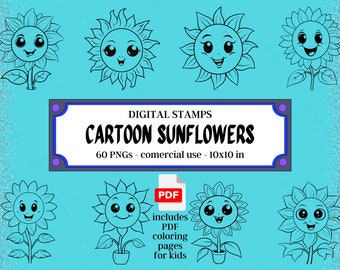 60 francobolli digitali di girasoli dei cartoni animati, linea di girasole PNG / Download immediato / Uso commerciale