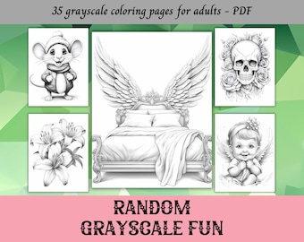 Random Grayscale Fun Set1, Coloring Pages for Adults | 35 Printable Pages | Instant Download | Personal Use