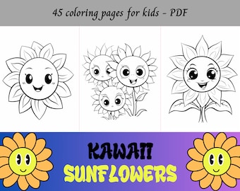 Kawaii Sunflowers, Cartoon Sunflowers, Easy Coloring Pages for Kids / 45 Printable Pages / Instant Download / Personal Use