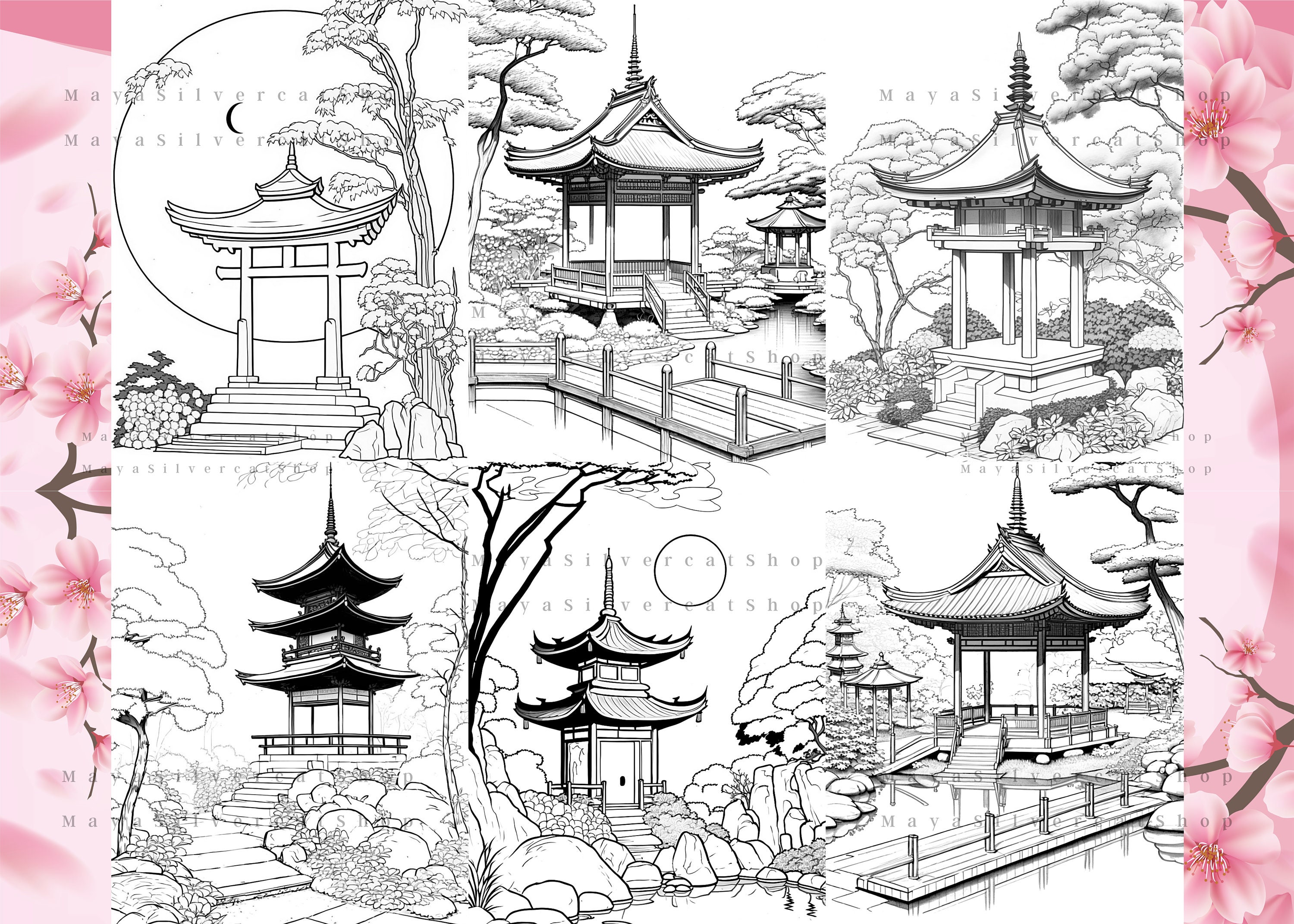 Japanese Shrines Grayscale Coloring Pages for Adults / 19 - Etsy