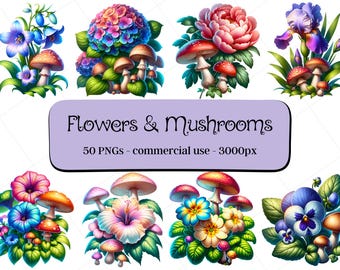 50 imágenes prediseñadas de flores y hongos, imágenes prediseñadas botánicas coloridas / Descarga instantánea / Uso comercial