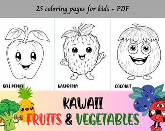 Kawaii Fruits & Vegetables, Cartoon Fruits and Vegetables, Easy Coloring Pages for Kids / 25 Printable Pages / Instant Download /PersonalUse