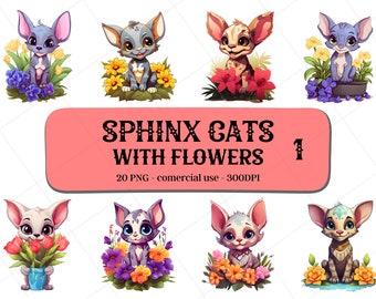 20 Cartoon Sphinx Cats with Flowers Clipart Set1 / Instant Download / Commercial Use