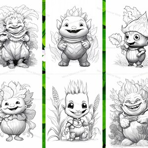 May include: Six black and white illustrations of whimsical creatures with leafy features. Each creature has a unique expression and is surrounded by foliage.