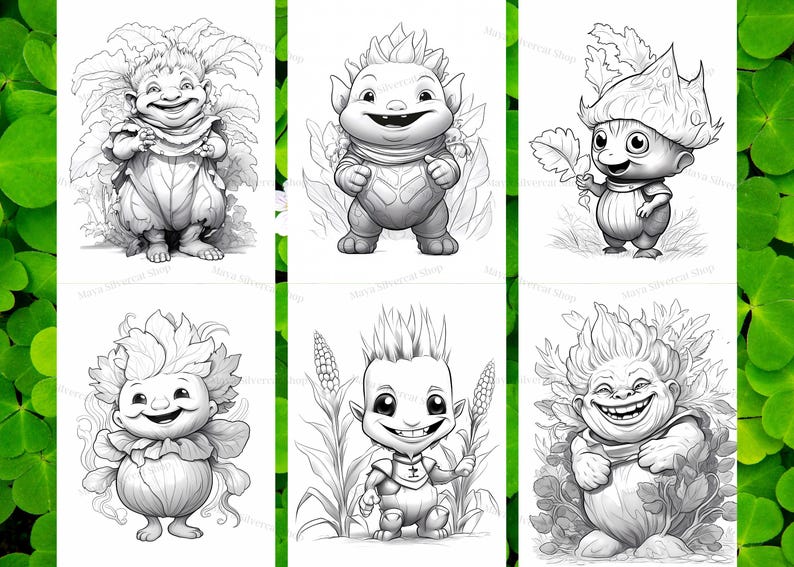 May include: Six black and white illustrations of whimsical creatures with leafy features. Each creature has a unique expression and is surrounded by foliage.