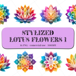 16 Set di clipart di fiori di loto stilizzati 1 - Colori dell'arcobaleno / Download immediato / Uso commerciale