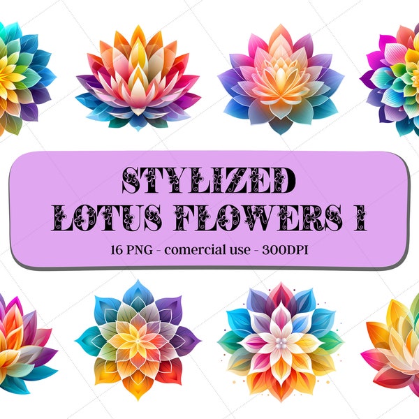 16 Stylized Lotus Flowers Clipart Set1 - Rainbow Colors / Instant Download / Comercial Use