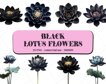 25 Black Lotus Flowers Clipart / Instant Download / Comercial Use