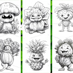 May include: Black and white line art illustrations of six different cartoon characters. Each character is a personified vegetable or fruit. The characters include a mushroom, a cabbage, a strawberry, a pineapple, and two more cabbages.