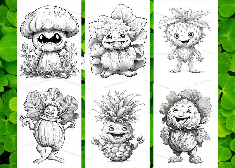 May include: Black and white line art illustrations of six different cartoon characters. Each character is a personified vegetable or fruit. The characters include a mushroom, a cabbage, a strawberry, a pineapple, and two more cabbages.