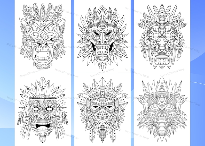 Mayan & Aztec Masks, Coloring Pages for Adults / 48 Printable Pages ...