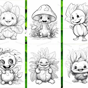 May include: A set of six black and white coloring pages featuring whimsical cartoon characters. Each character is a different type of plant, including a mushroom, a cabbage, and a tomato. The characters have large eyes, smiles, and are drawn in a cute and friendly style.