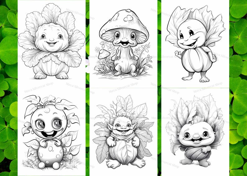 May include: A set of six black and white coloring pages featuring whimsical cartoon characters. Each character is a different type of plant, including a mushroom, a cabbage, and a tomato. The characters have large eyes, smiles, and are drawn in a cute and friendly style.