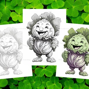 May include: Three illustrations of a cartoon cabbage character. The first illustration is in black and white, the second is in grayscale, and the third is in color with green and purple hues. The cabbage character has a smiling face and is wearing a cabbage costume.