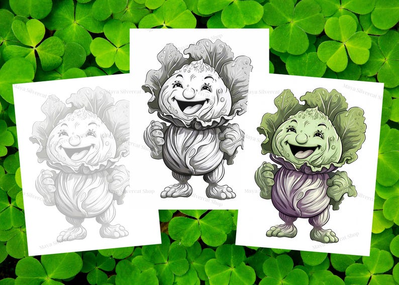 May include: Three illustrations of a cartoon cabbage character. The first illustration is in black and white, the second is in grayscale, and the third is in color with green and purple hues. The cabbage character has a smiling face and is wearing a cabbage costume.