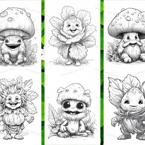May include: Six black and white illustrations of whimsical creatures. Each creature is a humanoid with a mushroom, flower, or leafy head. The creatures have large eyes and smiles.
