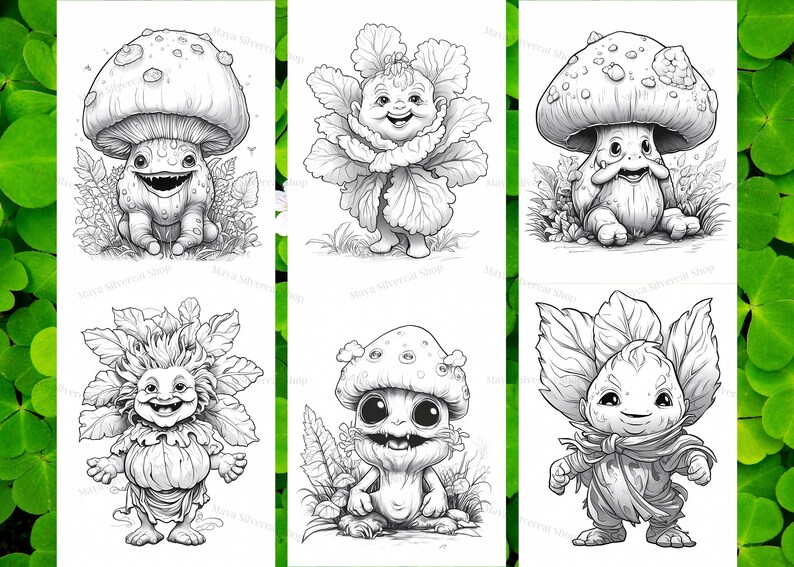 May include: Six black and white illustrations of whimsical creatures. Each creature is a humanoid with a mushroom, flower, or leafy head. The creatures have large eyes and smiles.