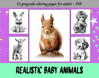 Realistic Baby Animals, Grayscale Coloring Pages for Adults / 53 Printable Pages / Instant Download / Personal Use