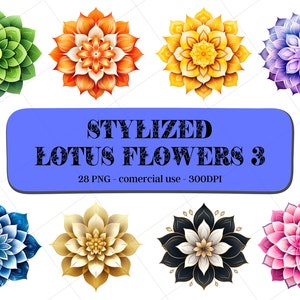 28 set di clipart di fiori di loto stilizzati / Download immediato / Uso commerciale