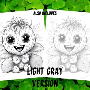 May include: A black and white line drawing of a cute cartoon strawberry character with big eyes and a wide smile. The character is surrounded by leaves and has a light gray version included.