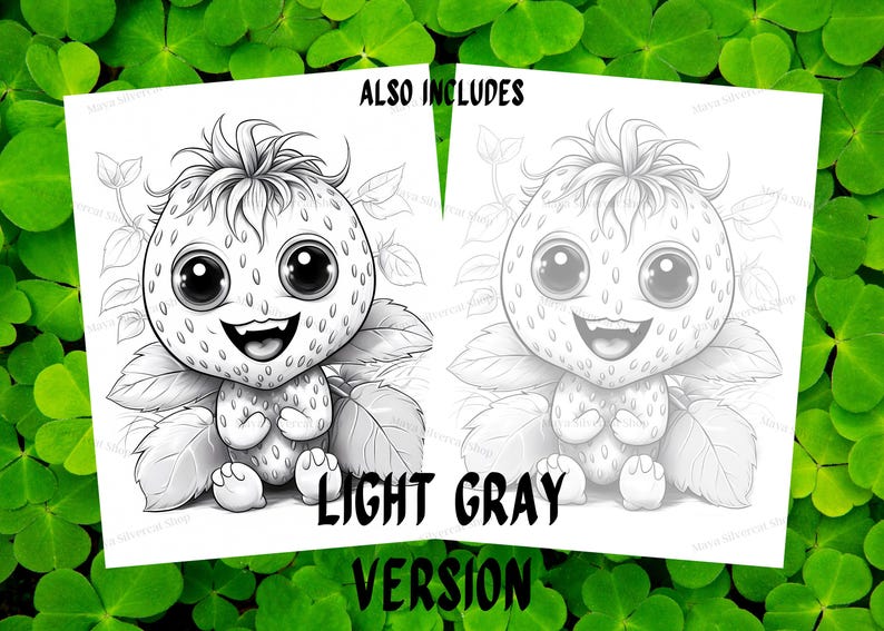 May include: A black and white line drawing of a cute cartoon strawberry character with big eyes and a wide smile. The character is surrounded by leaves and has a light gray version included.