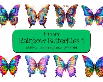 15 Intricate Rainbow Butterflies Clipart Set1 / Instant Download / Commercial Use
