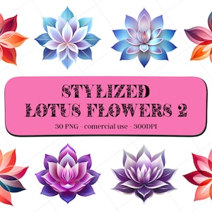 30 Clipart di fiori di loto stilizzati Set2 / Download immediato / Uso commerciale