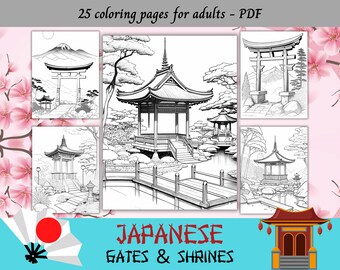 Japanese Gates & Shrines, Coloring Pages for Adults / 25 Printable Pages / Instant Download / Personal Use