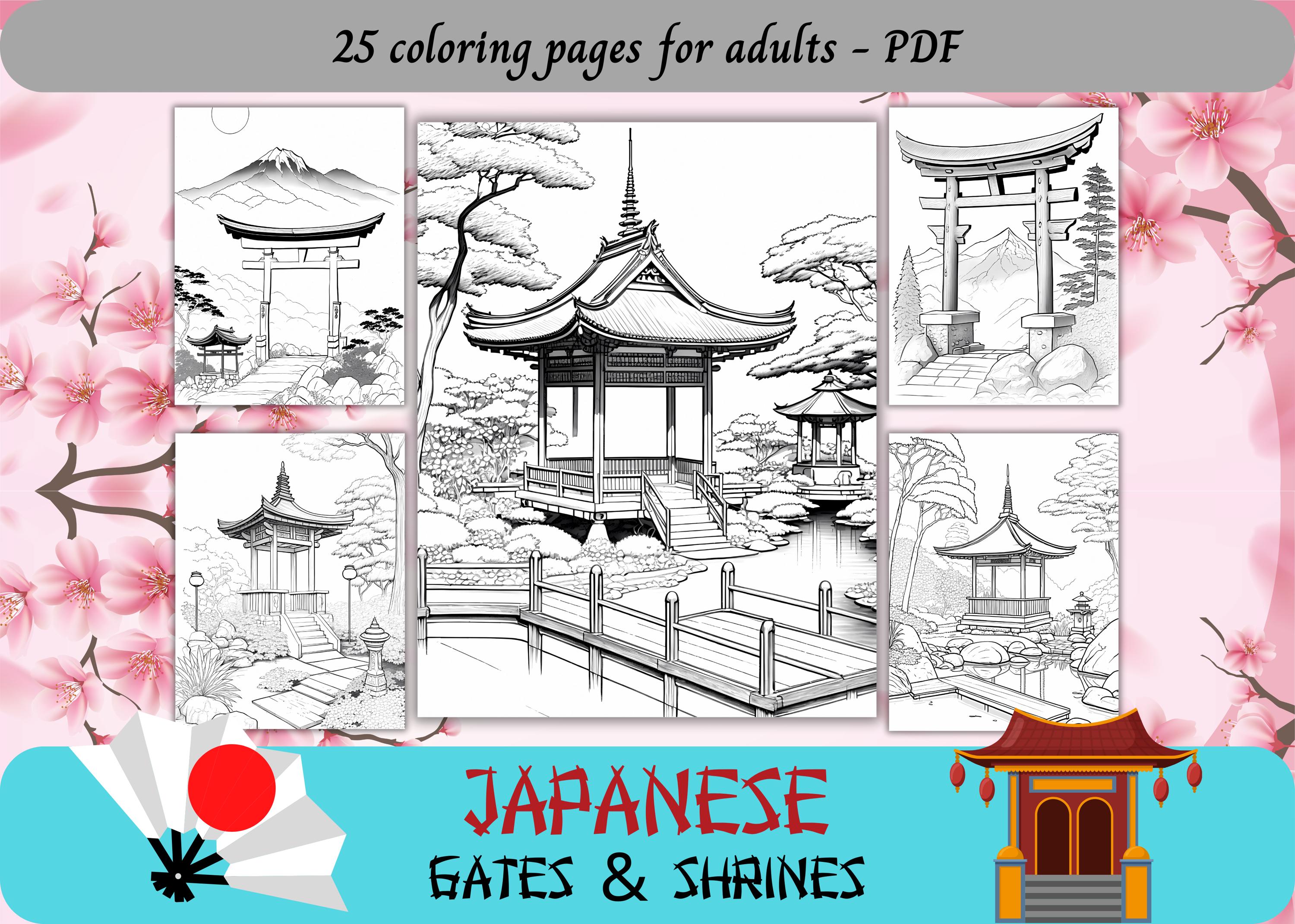 Japanese Gates & Shrines, Coloring Pages for Adults / 25 Printable ...