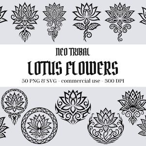 50 disegni di fiori di loto tribali - PNG/SVG Pacchetto tatuaggi neo tribali Y2K / Risorse flash per tatuaggi blackwork / Uso commerciale