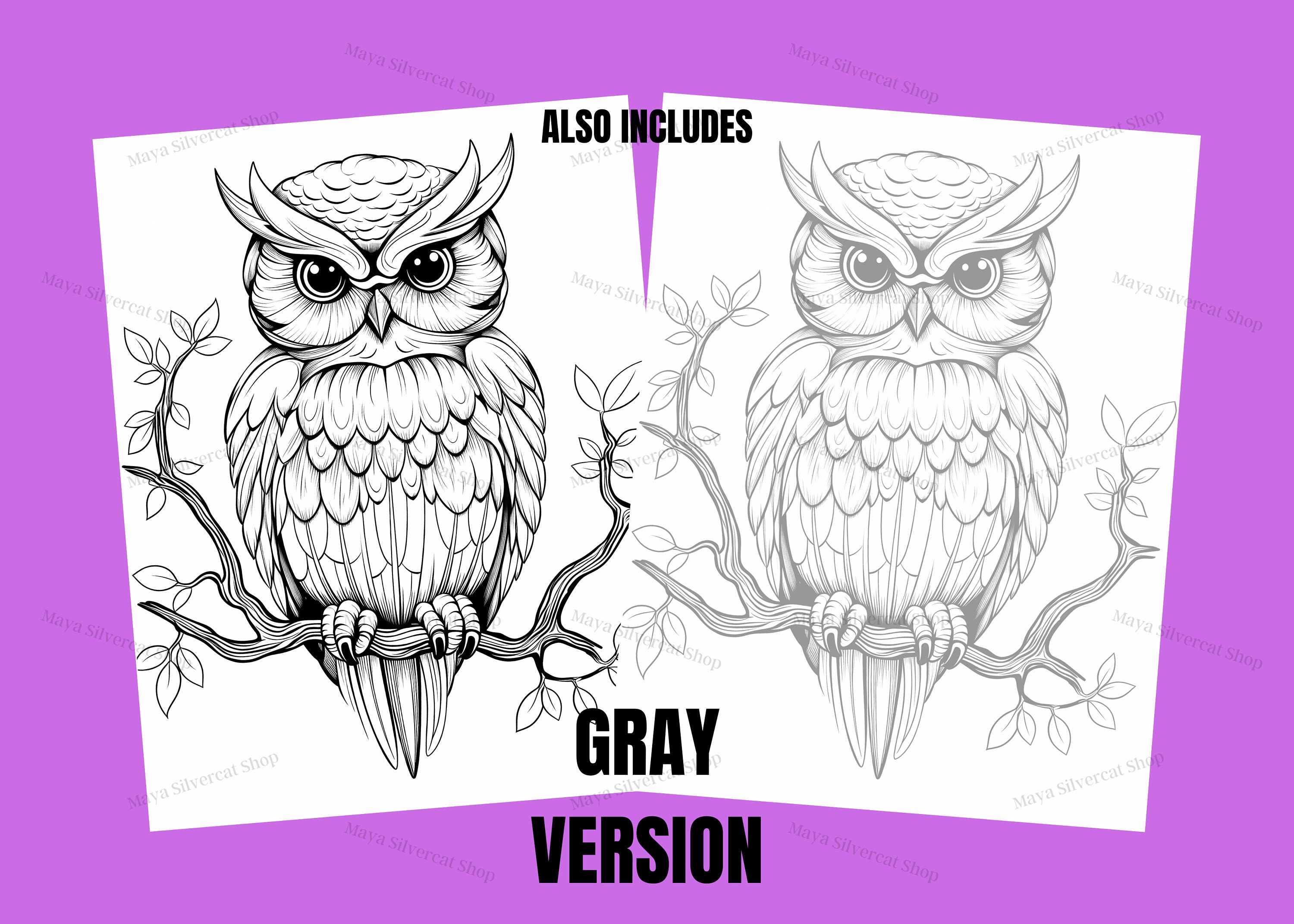 Easy Owls, Coloring Pages for Adults & Kids / 26 Printable Pages