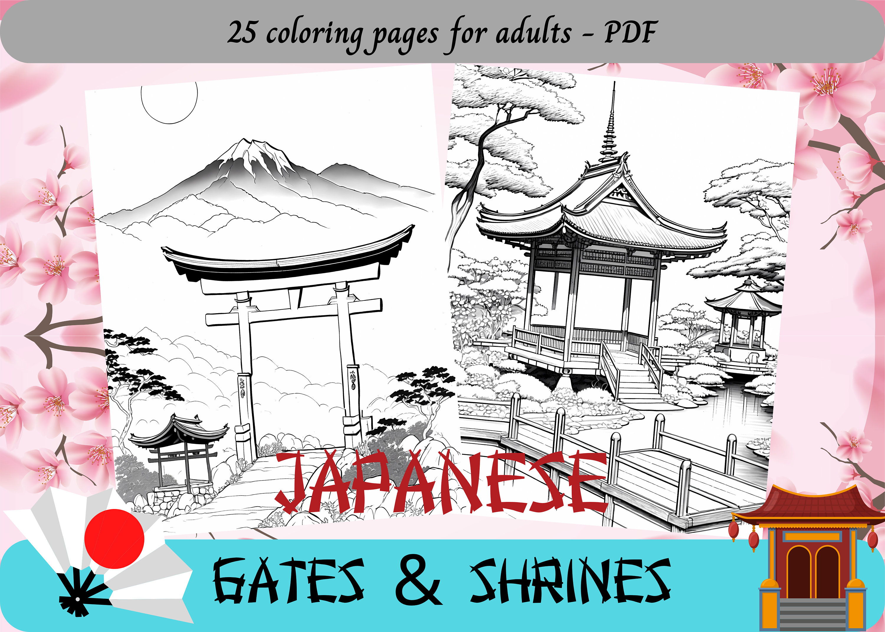 Japanese Gates & Shrines, Coloring Pages for Adults / 25 Printable ...