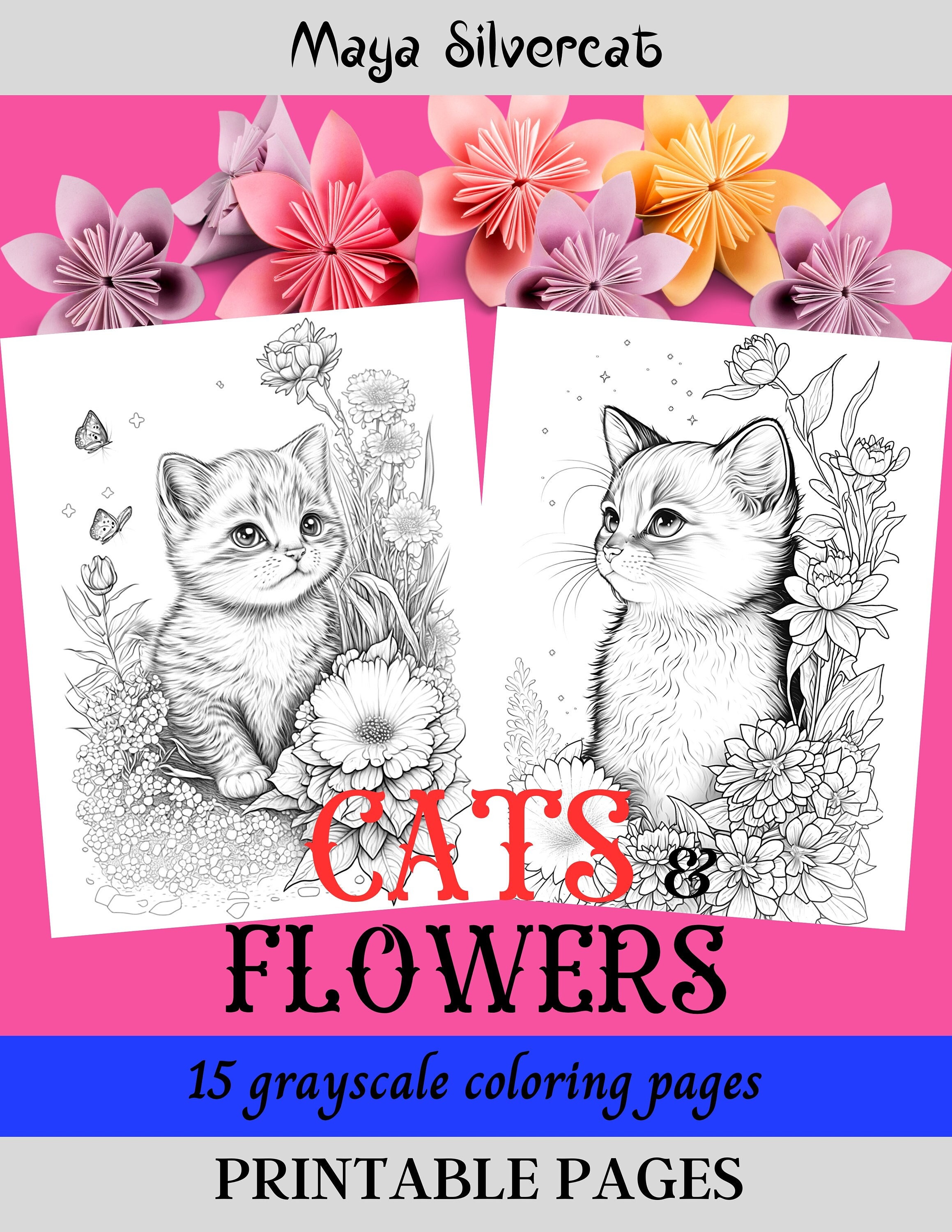 Girls Coloring Pages with Cats & Flowers Graphic by AnaSt