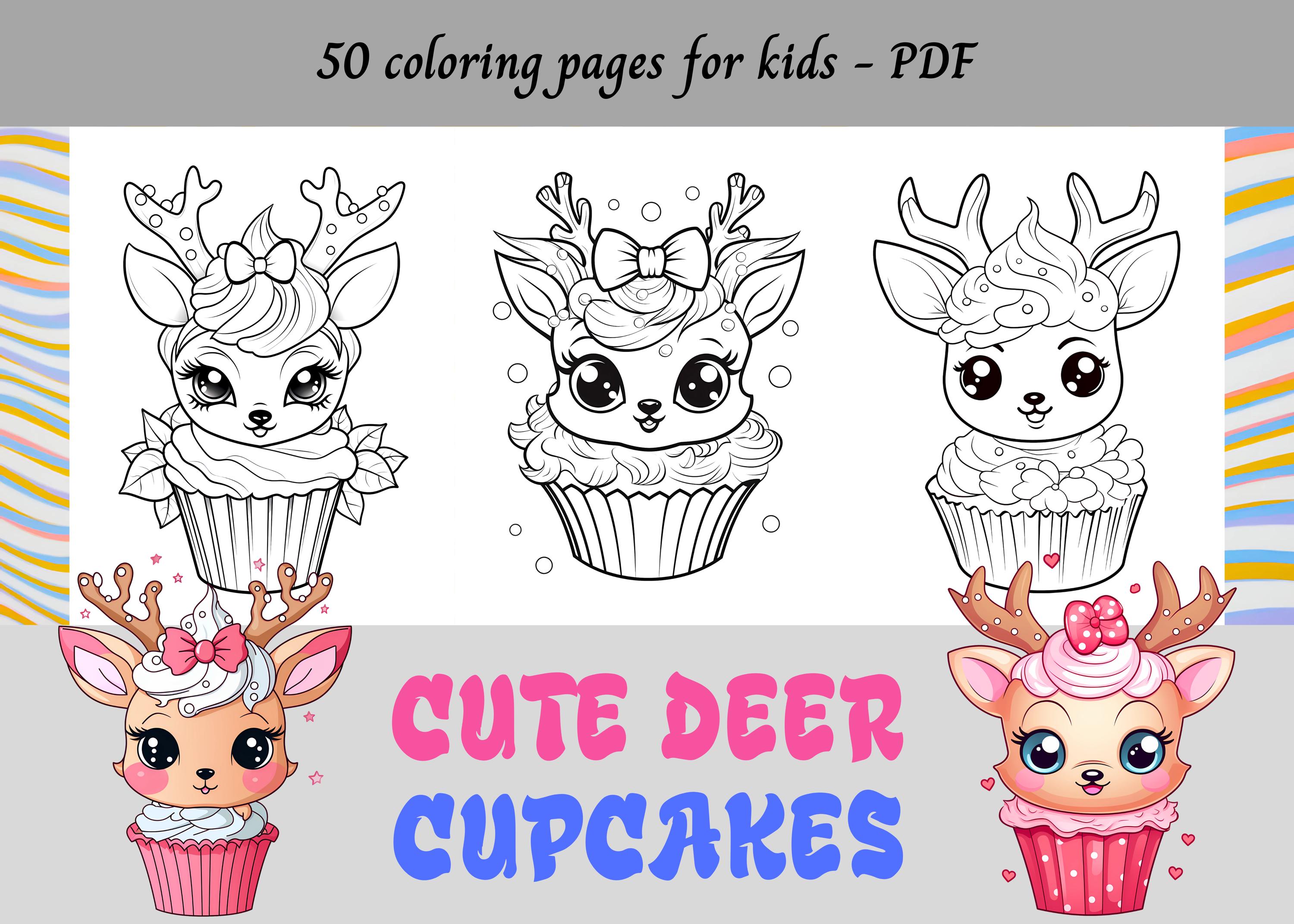 Cute Deer Cupcakes, Cartoon Deer Cupcakes, Easy Coloring Pages for Kids / 50 Printable Pages / Instant Download / Personal Use