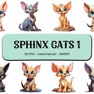 Puede incluir: Un conjunto de 8 ilustraciones de dibujos animados de gatos Esfinge en varias poses. Los gatos son de diferentes colores, incluyendo gris, marrón y blanco. Las ilustraciones están en un estilo de dibujos animados y son perfectas para usar en productos digitales o materiales impresos.